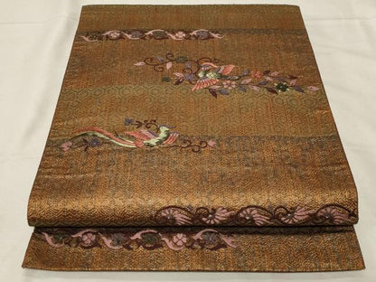 平和屋着物●本場筑前博多織　八寸名古屋帯　刺繍　花鳥文　正絹　逸品　CABA2362dy