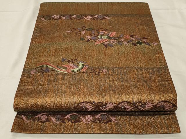 平和屋着物●本場筑前博多織　八寸名古屋帯　刺繍　花鳥文　正絹　逸品　CABA2362dy