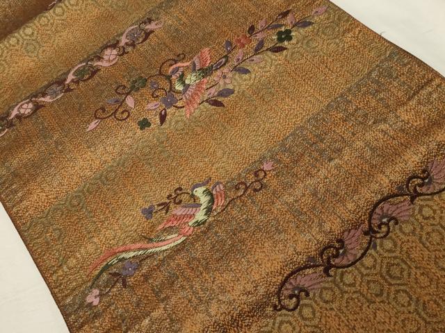平和屋着物●本場筑前博多織　八寸名古屋帯　刺繍　花鳥文　正絹　逸品　CABA2362dy