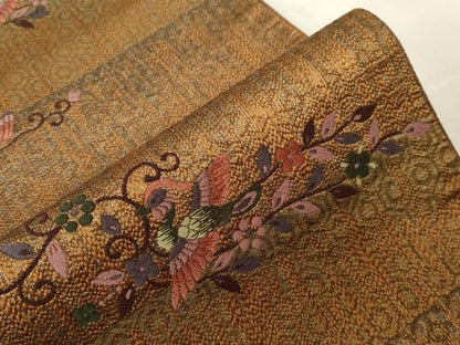 平和屋着物●本場筑前博多織　八寸名古屋帯　刺繍　花鳥文　正絹　逸品　CABA2362dy