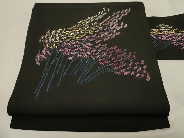 平和屋着物●塩瀬 九寸名古屋帯 手描き 笹竹文 黒地 正絹 逸品 CABA2372dy