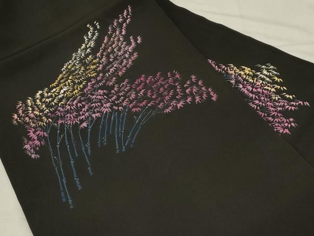 平和屋着物●塩瀬 九寸名古屋帯 手描き 笹竹文 黒地 正絹 逸品 CABA2372dy