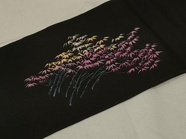 平和屋着物●塩瀬 九寸名古屋帯 手描き 笹竹文 黒地 正絹 逸品 CABA2372dy