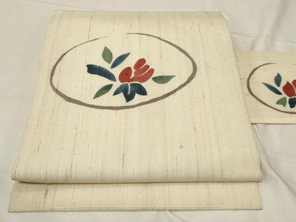 平和屋着物▽スリーシーズン 九寸名古屋帯 生紬 型染め 草花丸文 正絹 逸品 CABA2377dy