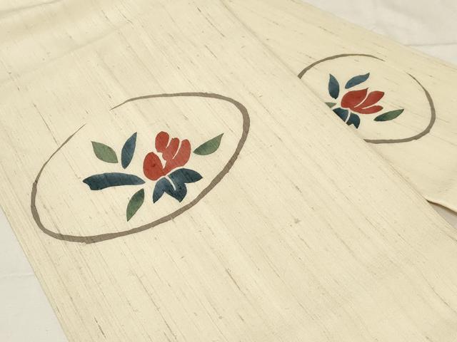 平和屋着物▽スリーシーズン 九寸名古屋帯 生紬 型染め 草花丸文 正絹 逸品 CABA2377dy
