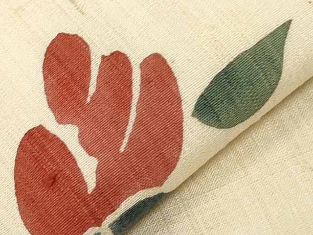 平和屋着物▽スリーシーズン 九寸名古屋帯 生紬 型染め 草花丸文 正絹 逸品 CABA2377dy