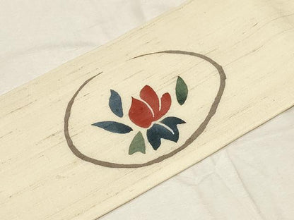 平和屋着物▽スリーシーズン 九寸名古屋帯 生紬 型染め 草花丸文 正絹 逸品 CABA2377dy