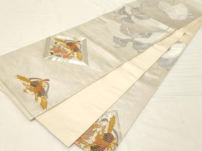 平和屋着物▼六通柄袋帯　駒刺繍　鳳凰舞蝶文　金銀糸　引箔　正絹　逸品　CABA2398dy