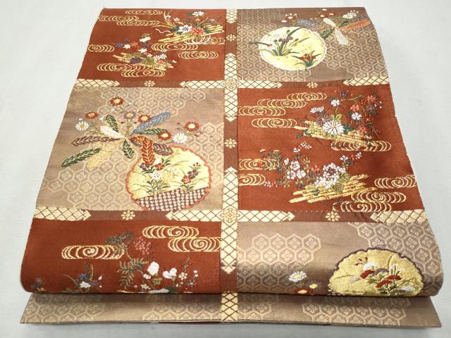 平和屋着物◎太鼓柄袋帯 唐織 市松雪輪花文 金糸 正絹 逸品 CABA2504fb