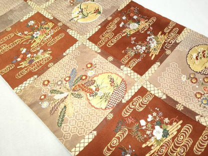 平和屋着物◎太鼓柄袋帯 唐織 市松雪輪花文 金糸 正絹 逸品 CABA2504fb