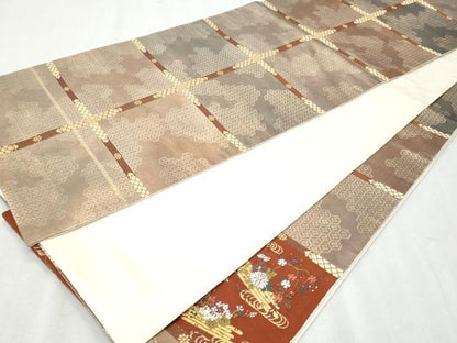 平和屋着物◎太鼓柄袋帯 唐織 市松雪輪花文 金糸 正絹 逸品 CABA2504fb