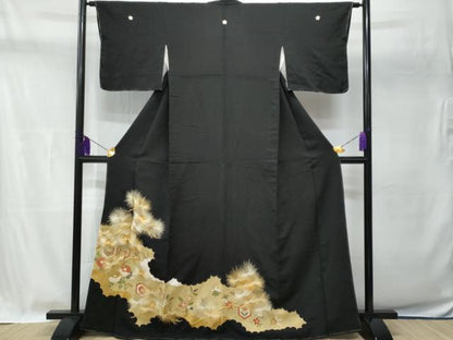 平和屋着物■豪華黒留袖　刺繍　枝松葉花文　金銀糸　正絹　逸品　CABA2556fb