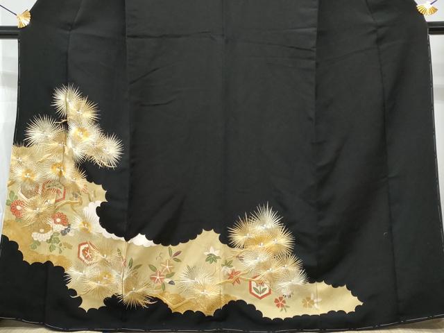 平和屋着物■豪華黒留袖　刺繍　枝松葉花文　金銀糸　正絹　逸品　CABA2556fb