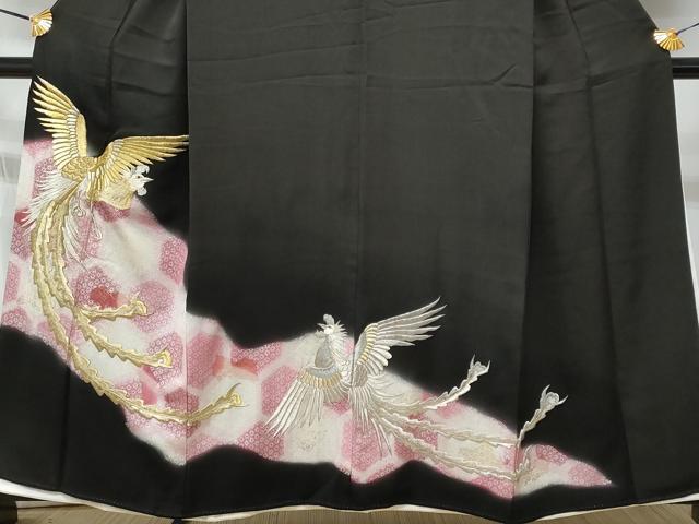 平和屋着物■豪華黒留袖　刺繍　鳳凰亀甲花文　暈し染め　銀彩　正絹　逸品　CABA2559fb
