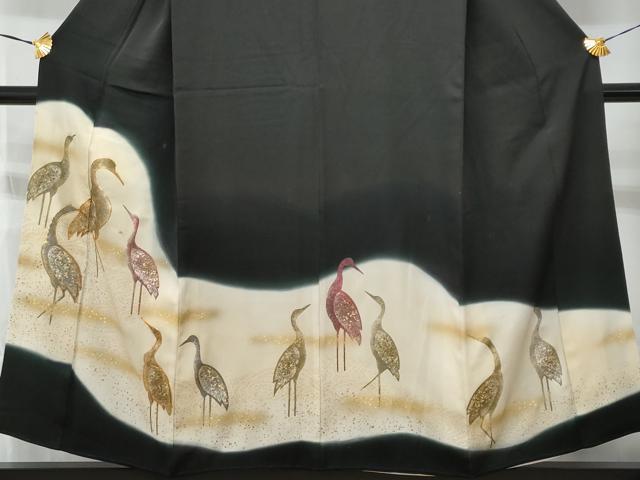 平和屋着物■豪華黒留袖　駒刺繍　群鶴　暈し染め　金銀彩　正絹　逸品　CABA2563fb