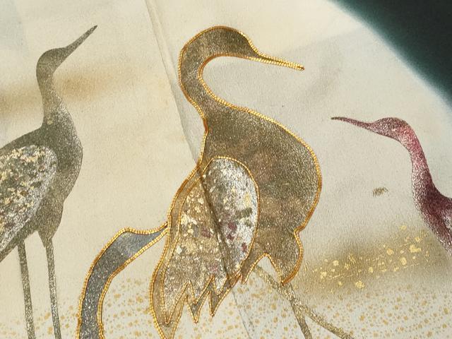 平和屋着物■豪華黒留袖　駒刺繍　群鶴　暈し染め　金銀彩　正絹　逸品　CABA2563fb