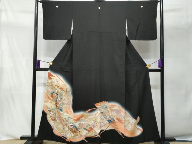 平和屋着物■豪華黒留袖　駒刺繍　扇面風景花文　暈し染め　正絹　逸品　CABA2589fb