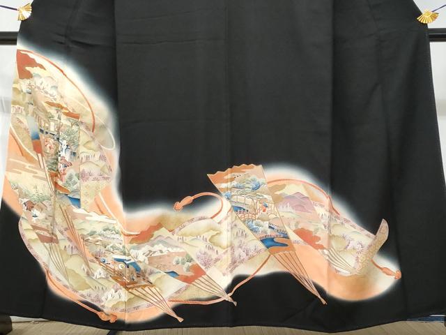 平和屋着物■豪華黒留袖　駒刺繍　扇面風景花文　暈し染め　正絹　逸品　CABA2589fb