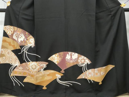 平和屋着物■豪華黒留袖　駒刺繍　扇面向かい鳥花文　金彩　正絹　逸品　CABA2737fb