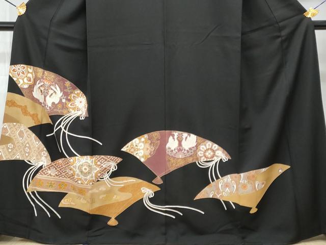 平和屋着物■豪華黒留袖　駒刺繍　扇面向かい鳥花文　金彩　正絹　逸品　CABA2737fb