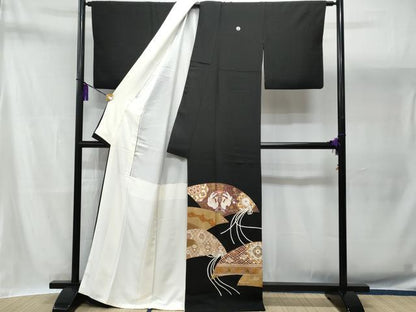 平和屋着物■豪華黒留袖　駒刺繍　扇面向かい鳥花文　金彩　正絹　逸品　CABA2737fb