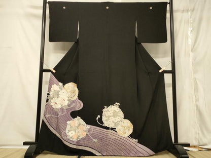 平和屋着物■豪華黒留袖　刺繍　流水鏡裏花文　銀彩　正絹　逸品　CABA2838in