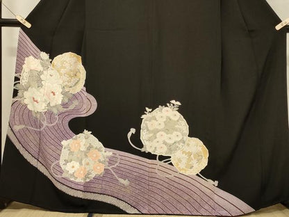 平和屋着物■豪華黒留袖　刺繍　流水鏡裏花文　銀彩　正絹　逸品　CABA2838in