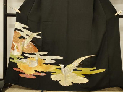 平和屋着物■豪華黒留袖 駒刺繍 エ霞吉祥鳥文 金銀彩 正絹 逸品 CABA2839in