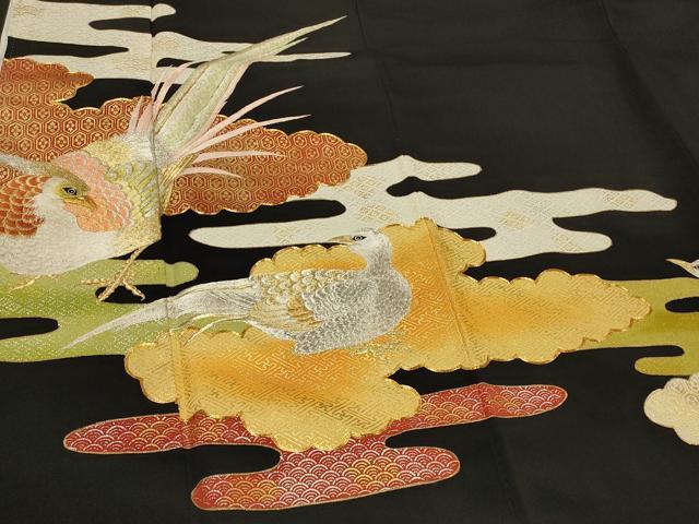平和屋着物■豪華黒留袖 駒刺繍 エ霞吉祥鳥文 金銀彩 正絹 逸品 CABA2839in