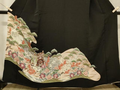 平和屋着物■豪華黒留袖 御所車孔雀花文 槍梅 金彩 正絹 逸品 CABA2878in