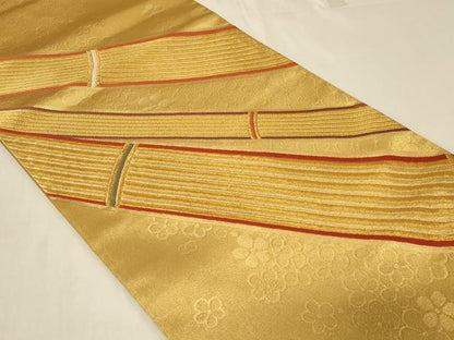 平和屋着物◎六通柄袋帯 竹 舞梅文 金糸 正絹 逸品 CABA3082in