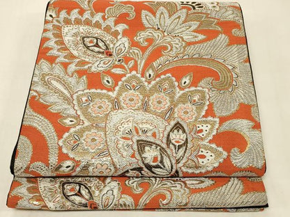 平和屋着物◎六通柄袋帯 唐織 更紗花文 黒地 金銀糸 正絹 逸品 CABA3085in