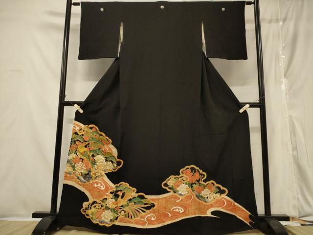 平和屋着物■豪華黒留袖　駒刺繍　雲取り鳳凰花文　金彩　正絹　逸品　CABA3183in