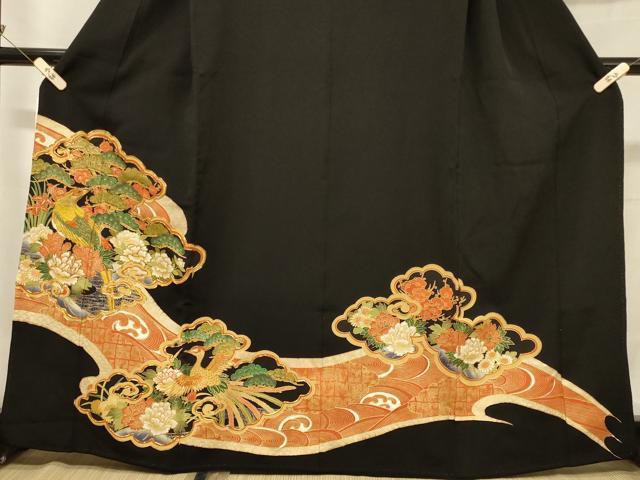 平和屋着物■豪華黒留袖　駒刺繍　雲取り鳳凰花文　金彩　正絹　逸品　CABA3183in