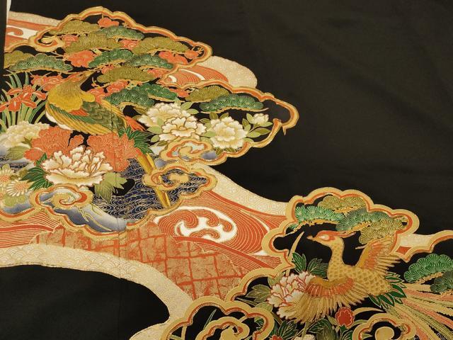 平和屋着物■豪華黒留袖　駒刺繍　雲取り鳳凰花文　金彩　正絹　逸品　CABA3183in