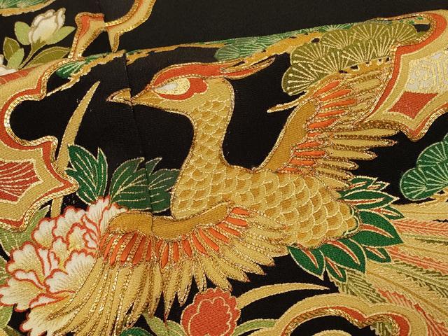 平和屋着物■豪華黒留袖　駒刺繍　雲取り鳳凰花文　金彩　正絹　逸品　CABA3183in