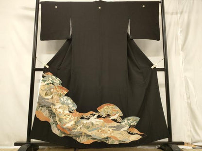 平和屋着物■豪華黒留袖　扇面飛鶴風景文　正絹　逸品　CABA3188in