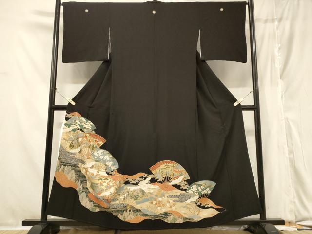 平和屋着物■豪華黒留袖　扇面飛鶴風景文　正絹　逸品　CABA3188in