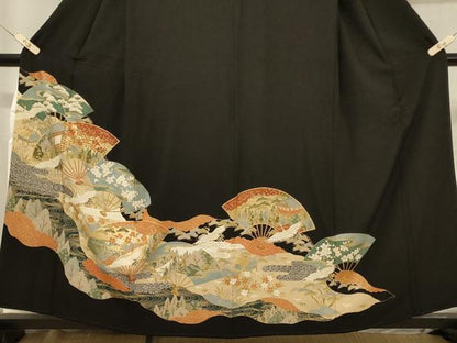 平和屋着物■豪華黒留袖　扇面飛鶴風景文　正絹　逸品　CABA3188in