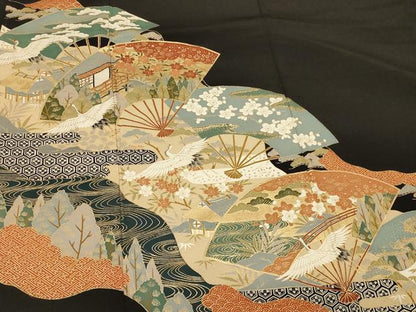 平和屋着物■豪華黒留袖　扇面飛鶴風景文　正絹　逸品　CABA3188in