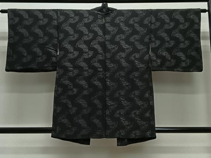 平和屋着物＃羽織　地紙草花文　黒地　銀糸　正絹　逸品　CABA3304ua