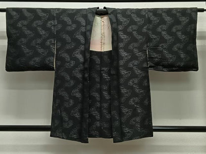 平和屋着物＃羽織　地紙草花文　黒地　銀糸　正絹　逸品　CABA3304ua