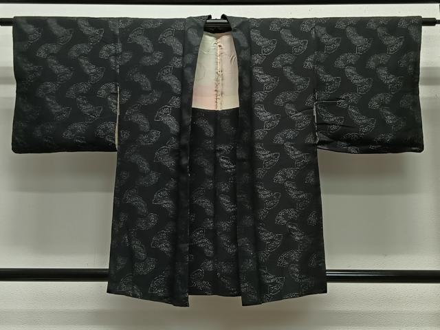 平和屋着物＃羽織　地紙草花文　黒地　銀糸　正絹　逸品　CABA3304ua