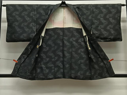 平和屋着物＃羽織　地紙草花文　黒地　銀糸　正絹　逸品　CABA3304ua