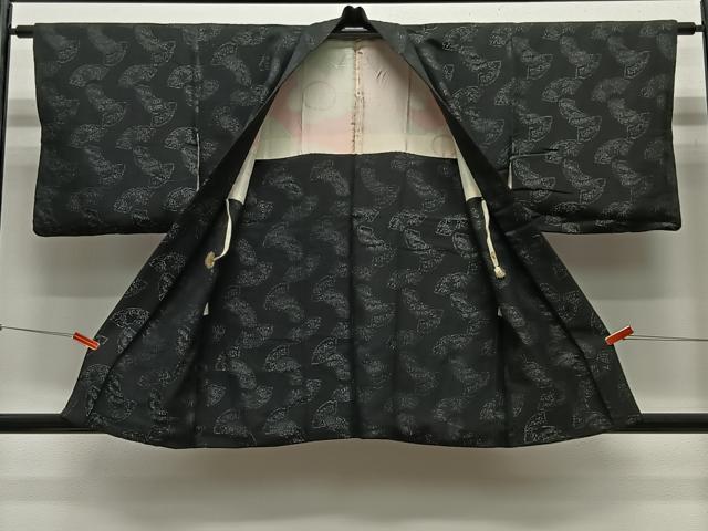 平和屋着物＃羽織　地紙草花文　黒地　銀糸　正絹　逸品　CABA3304ua