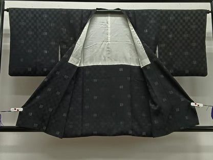 平和屋着物■道行コート　市松文様　黒地　金銀糸　正絹　逸品　CABA3347ua