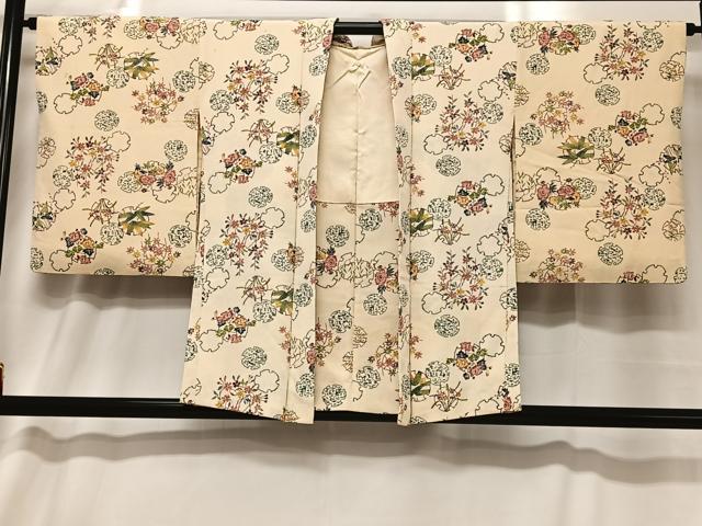 平和屋着物＃羽織　型染め　雪輪花文　鬼しぼ縮緬　正絹　逸品　CABA3484ua