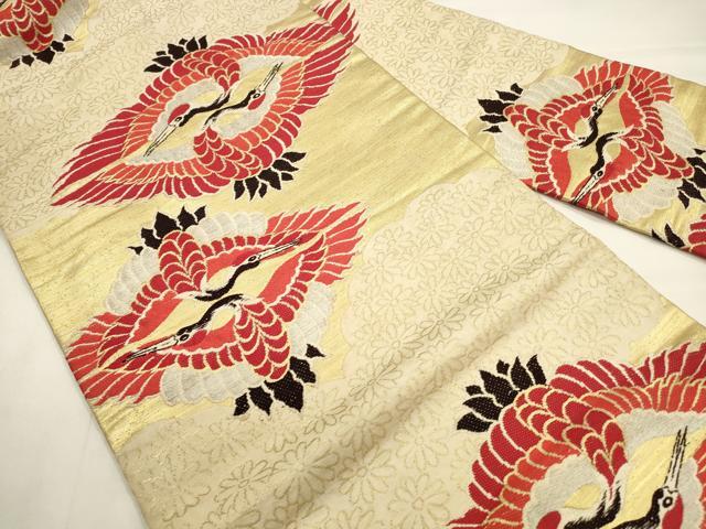 平和屋着物◎アンティーク　大正ロマン　九寸名古屋帯　唐織　双鶴花文　金銀糸　正絹　逸品　CABA3619qe
