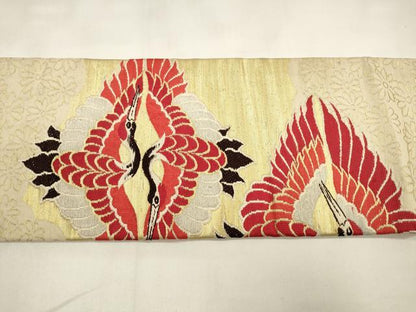 平和屋着物◎アンティーク　大正ロマン　九寸名古屋帯　唐織　双鶴花文　金銀糸　正絹　逸品　CABA3619qe