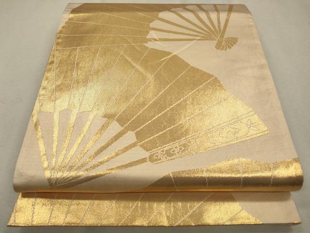 平和屋着物◎全通柄袋帯 舞扇 金糸 正絹 逸品 CABA3681qe